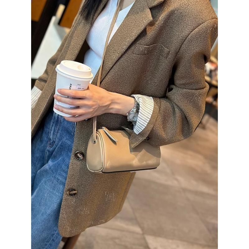Cylinder Bag Genuine Leather Mini Bag for Mobile Phone Soft Leather Shoulder Bag All Crossbody Bag
