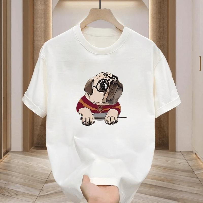 2025 Summer New Solid Color Puppy Print Men's Round Neck Short-sleeved T-shirt Street Casual Pure Cotton Soft Large Size Top