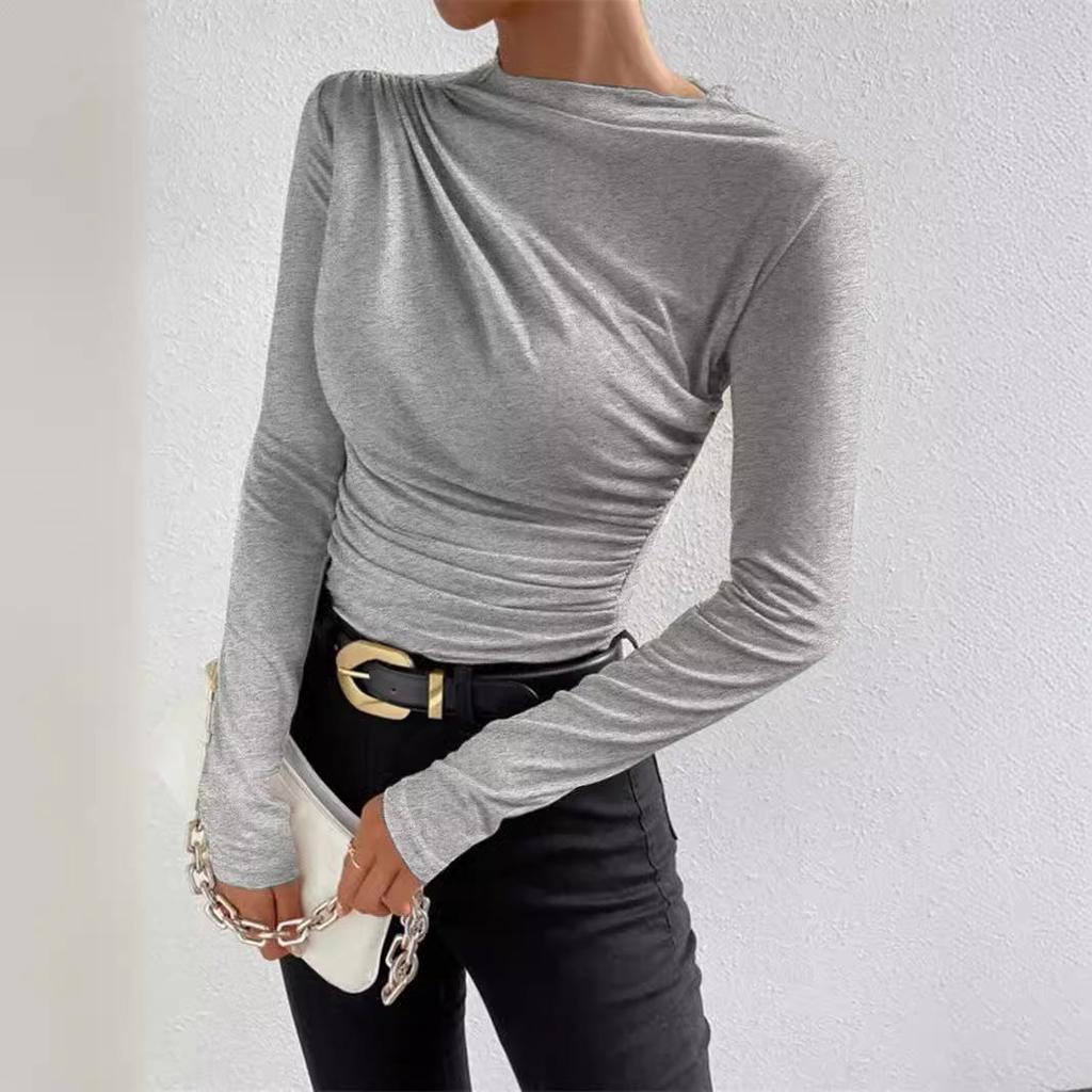 2024 High Neck Solid Color Slim-Fit Women's Long Sleeve Ruched T-Shirt