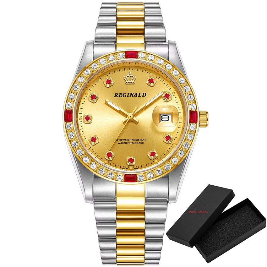 Fashion Reginald Top Brand Diamonds Gold Watch Men Pearl Style Dial Full Stainless Steel Quartz Silver Date Wrist Relojrelogio