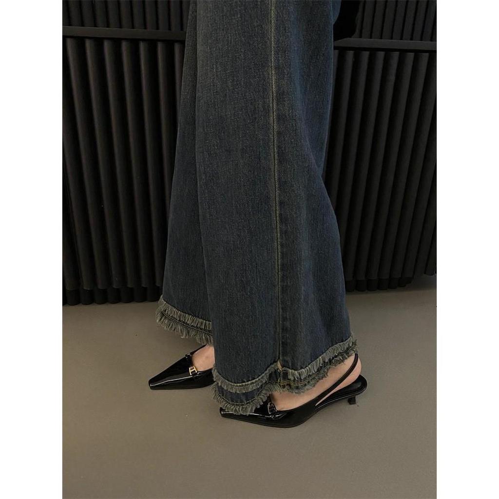 Spring 2025 new thin pointed head thin heel bag head sandals metal buckle patent leather high heel shallow mouth women's shoes