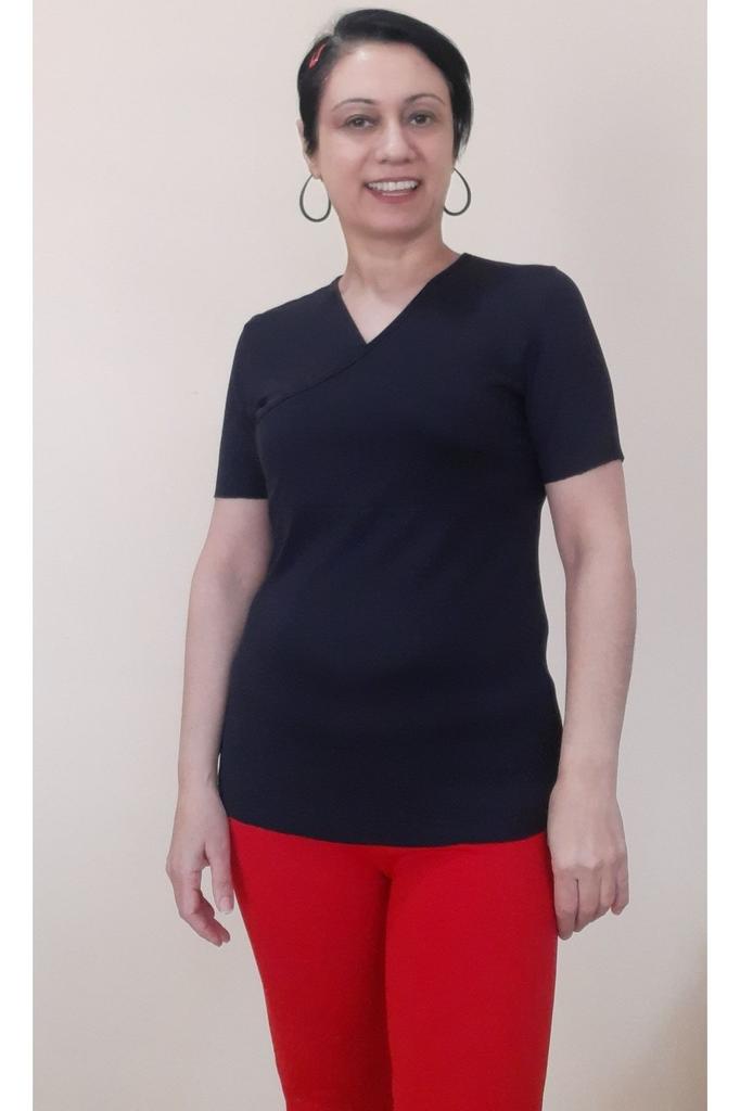 Tricou de mărime mare pentru femei Tricou negru din bumbac pieptănat, din viscoză, cu două pieptări în față