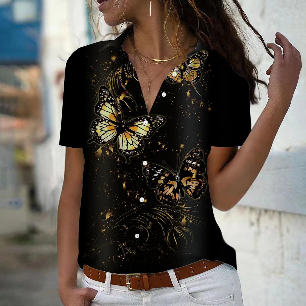 2025 Summer New Fashion Women's Butterfly Printed Short Sleeve V-neck Casual Button-down Shirt Top