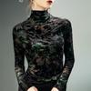 Women Clothing Vintage Elegant Flower Flocking High Collar Basic T-shirt Autumn Winter Sexy Mesh Long Sleeve Slim Pullover Tops