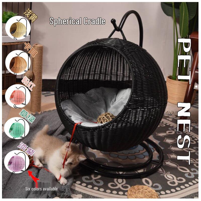 Cozy Rattan Cat Hanging Basket - Washable, Semi-Enclosed, All-Season Cat Bed for Winter Warmth