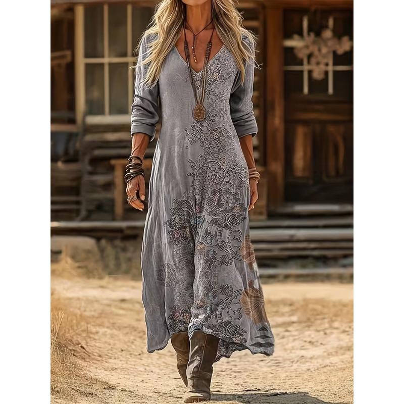 Creative Tie-dye Printing Women's New V-neck Long-sleeved Dress Medium and Long Dress