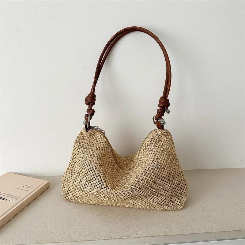 Bolso de paja tejido para mujer, bolso de hombro tejido, bolsos de playa, bolsos hobo, bolsos tejidos, diseñador de moda, verano