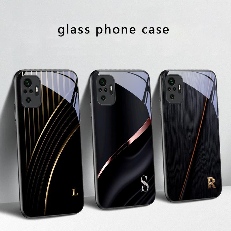 Elegant letter 'S M R' For Redmi Note 14 Pro+ 13 Pro 8 9 9S 12S 10 Pro 11 12 13C 14C A3 12 13 K60 Ultra Black Glass Phone Case