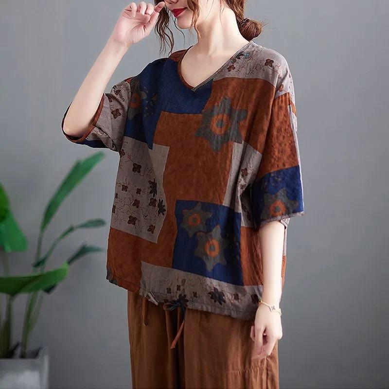 Retro Bedruckte Leinen Kurzarm Tops Sommer Dünn Lässig Locker sitzend Blasen Baumwolle und Leinen Herz-Ausschnitt T-Shirts