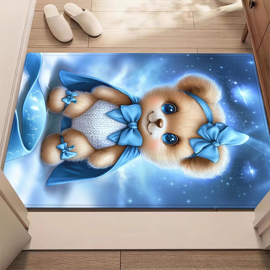 Cute blue bow bear cartoon rug for kids room nursery baby play mat soft non slip floor covering child safe area rug plushcrystal
