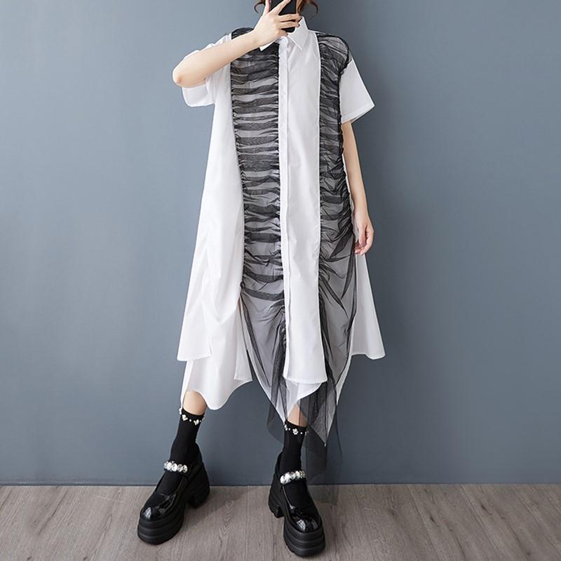 

Короткий рукав Большие размеры хлопковая сетка винтажные новые платья для женщин повседневное свободное длинное летнее платье-рубашка белый