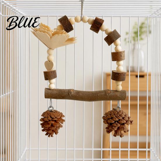 Bird Standing Branch Wooden Parrot Swing Toy Hanging Perch Stand with Pinecone/Bell Cage Natural Wood Toy for Parakeet Cockatiel Finches Conures