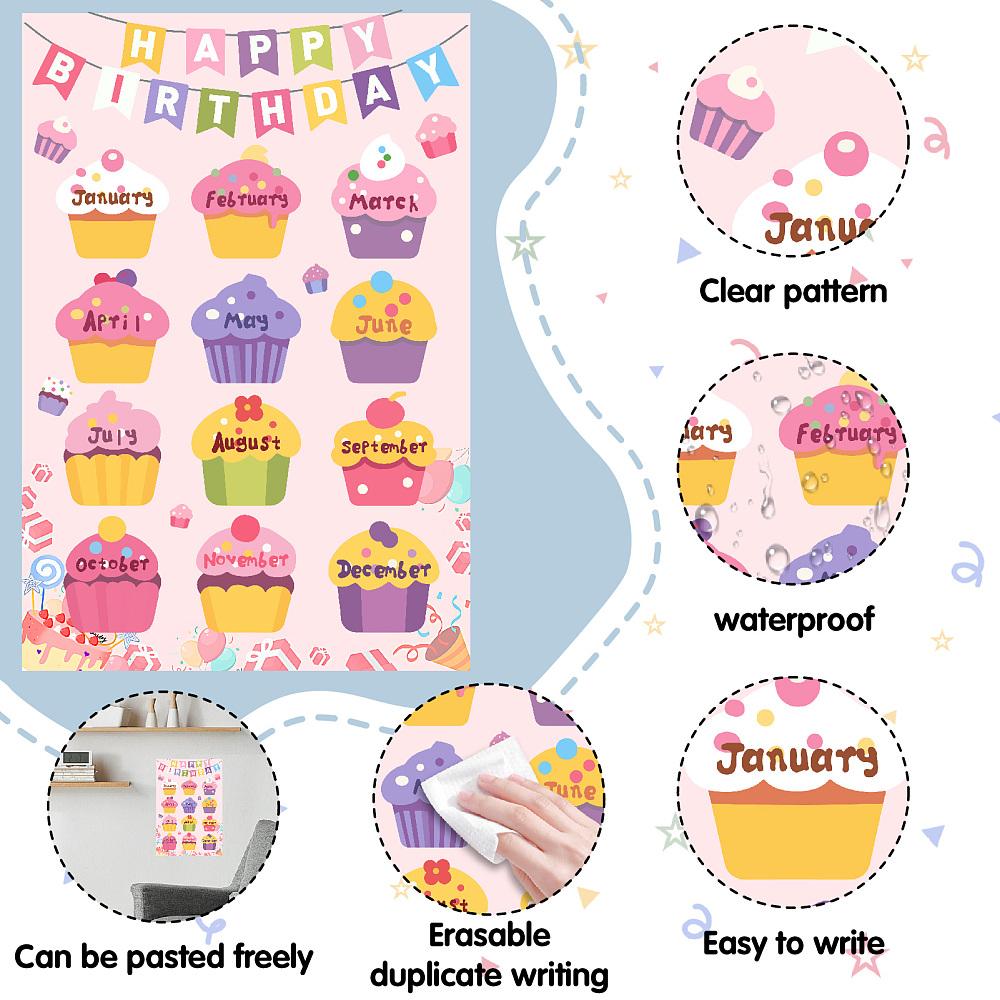 Reusable Happy Birthday Chart Posters Birthday Chart Calendar for Classroom Decorations Rectangle with 10Pcs Seamless Double-sided Adhesive Food