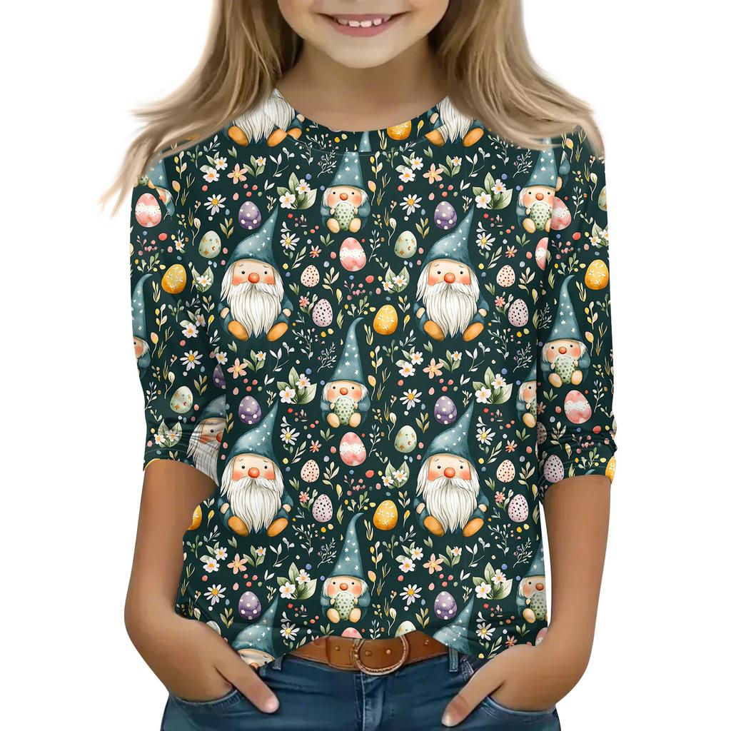 Print Tops For Youth Girls Round Neck 3/4 Sleeves T-Shirts Trendy Tops Outfit Tees