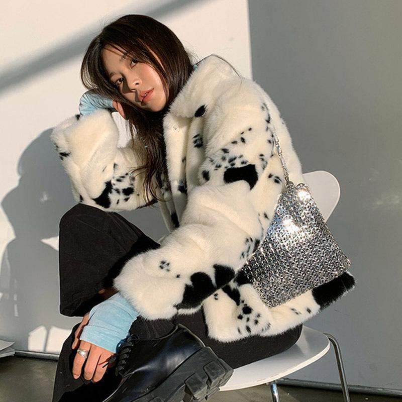 Winter cotton imitation fur coat for women, black and white cow pattern loose casual imitation mink plush coat for women