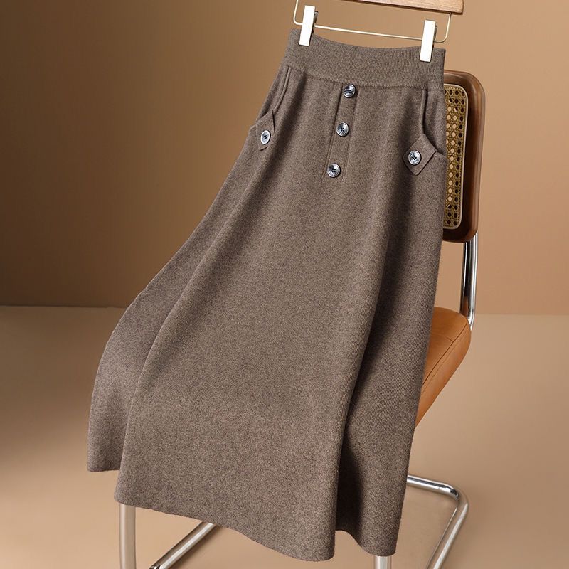 Knitted Skirt Women's Autumn Winter New Mid-length Elastic A-line Slim Hip Skirt High Waist Umbrella Thick Pockets