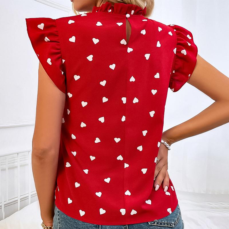 Anyally Women's Chiffon Blouse - V-Neck Ruffle Sleeve Tunic Top For Leggings (Polka Dots, Red, Medium)