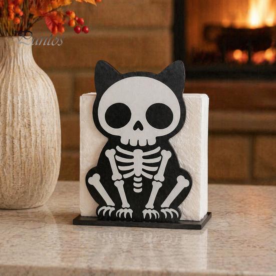 Dark Theme Table Organizer Halloween Wooden Napkin Holder, Ghost Pumpkin Skeleton Cat Bat Tissue Dispenser, Waterproof Gothic Room Decor Tabletop for