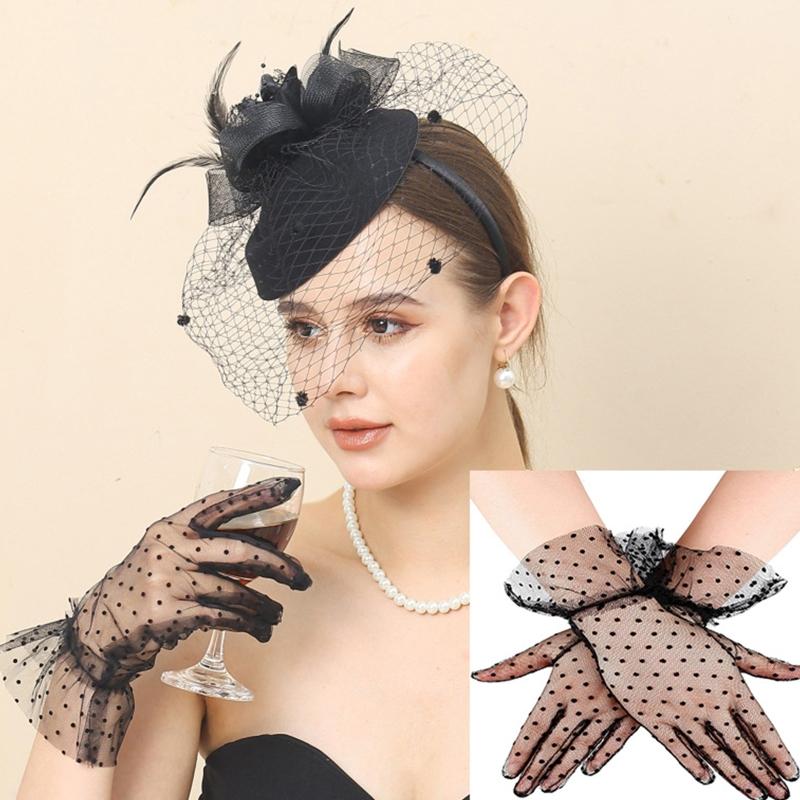 Vintage Style Handmade Large Veil Women Feather Hair Fascinator Hat Wedding Mesh Short Gloves for Bridal Accessories