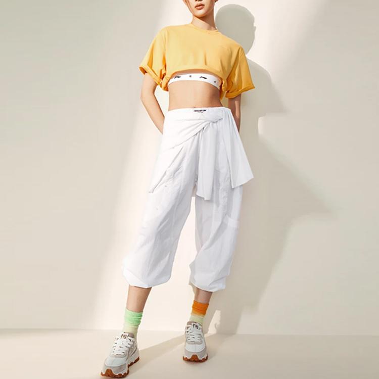 Li Ning CF X Haizhenwang Designer Collaboration Training Series Solid Color Reflective Logo Loose Short T-Shirt Women Tops Yellow ATSSB52-3