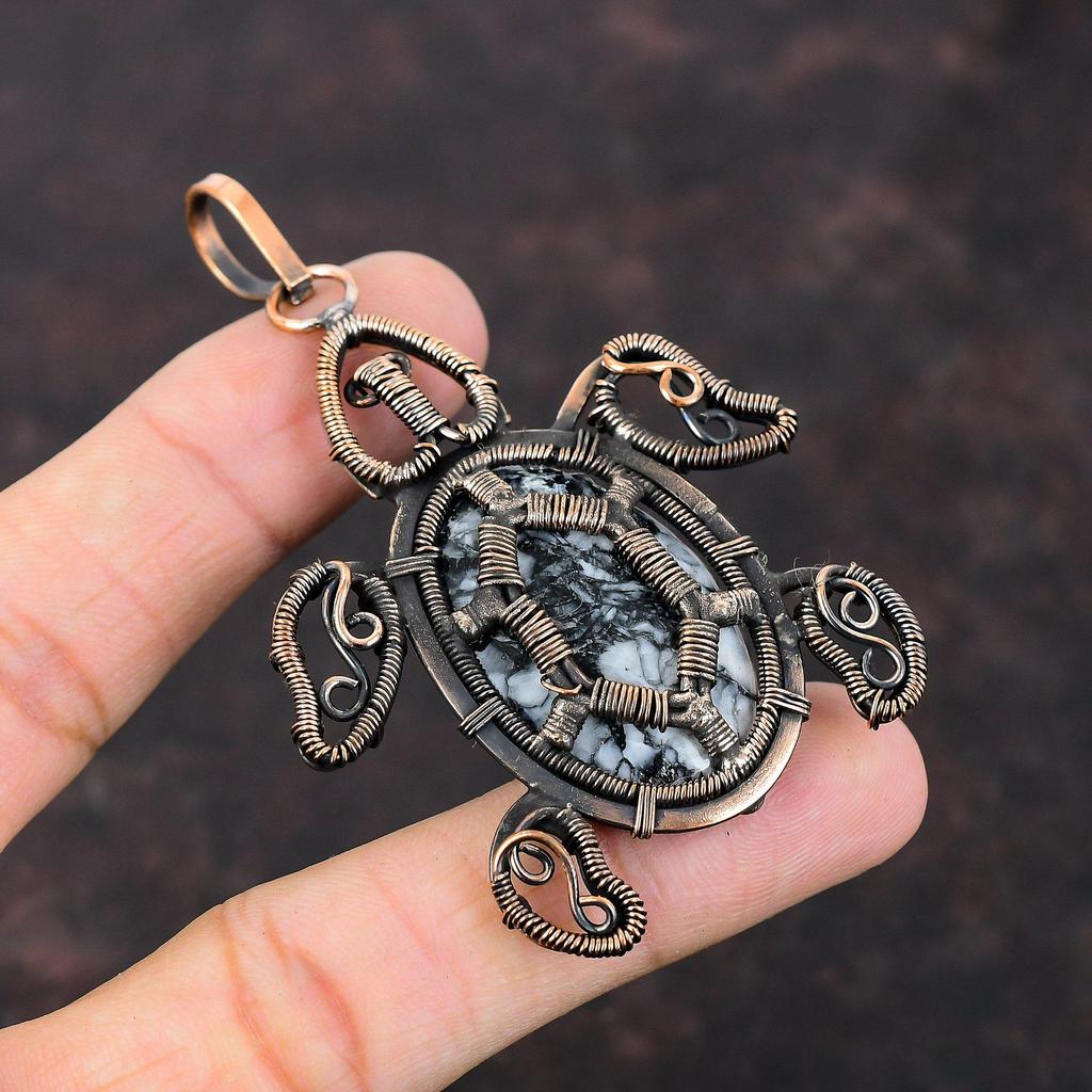 Pandantiv Jasp Pinolit Pandantiv Înfășurat în Sârmă de Cupru Pandantiv Broască Țestoasă Handmade Bijuterii din Sârmă de Cupru Pandantiv cu Piatră Prețioasă Pentru Cadou Bijuterii de Designer