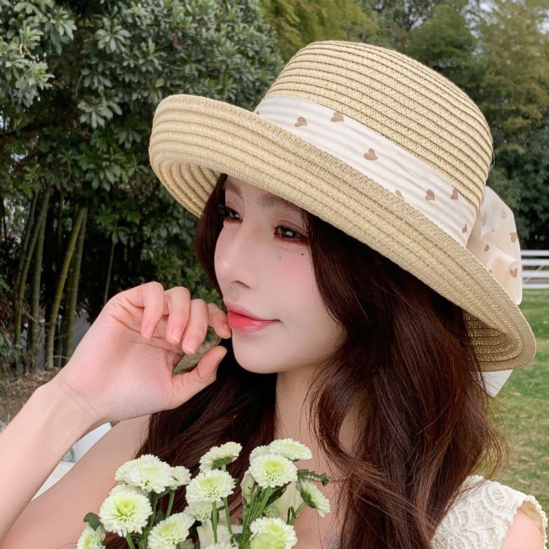

Straw hat women s summer streamer travel basin hat wide brim beach hat big edge sun protection fashion sun hat crimped sun hat M（56-58cm）