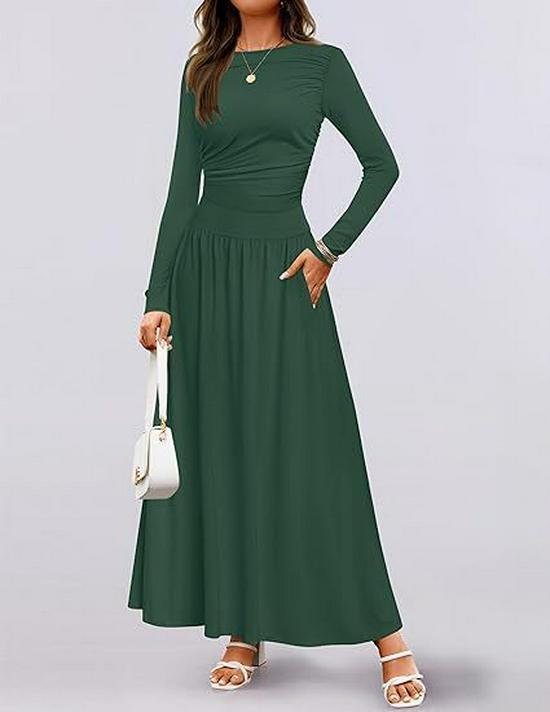European & American Women s Slim Fit Pocket Knit Dress - Round Neck, Pleated Long Sleeve Medium