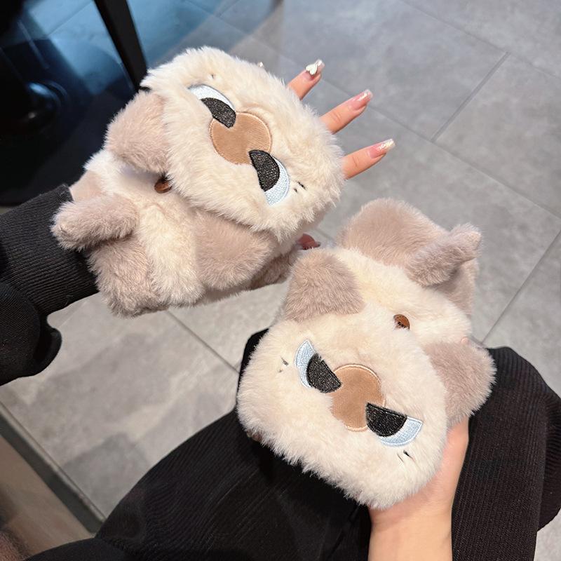 Cute Siamese Cat Flip Half Finger Plush Gloves Women's Season Thickened To Keep Warm Students Writing Cold
