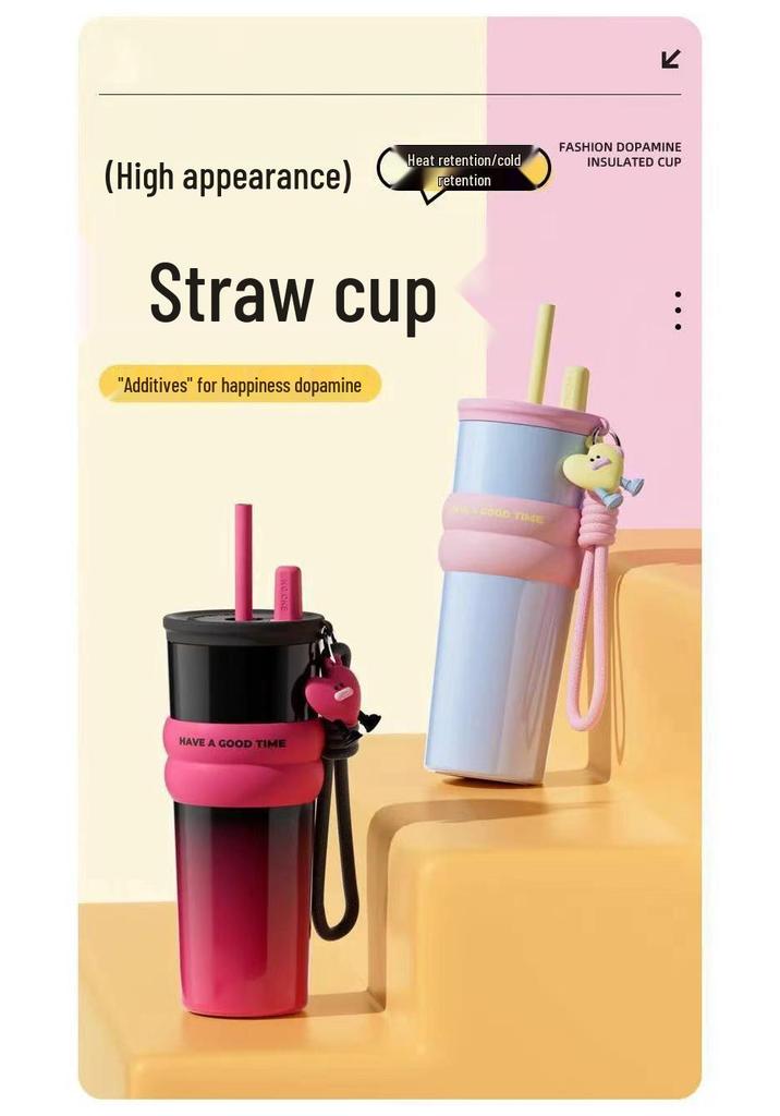 316 Stainless Steel Portable Thermos Cup with Giant Straw for Coffee or Ice Water