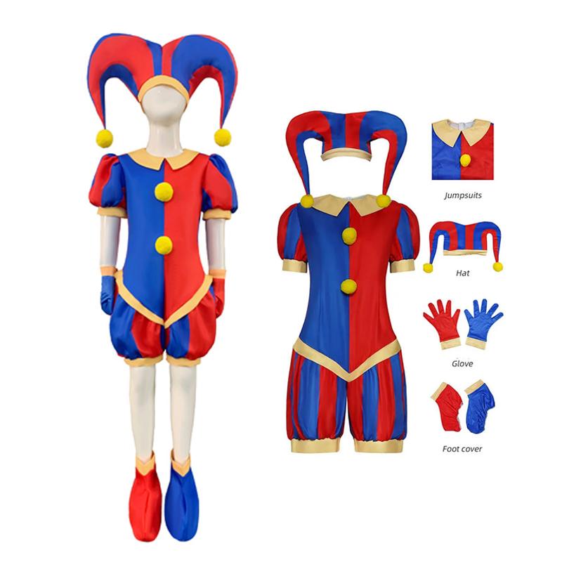 Das Erstaunliche Digitale Zirkus Pomni Cosplay Kostüm Set Rot & Blau Narren-Outfit mit Hut Handschuhen Socken für Halloween Cosplay Events