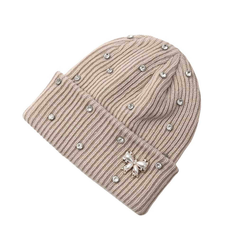 Solid Color Crystal Pearl Bow Beanie Warm Pullover Hat Fashion Knit Hat Outdoor