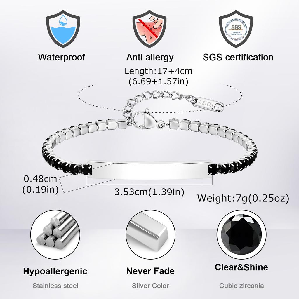 Maßgeschneidertes Tennisarmband für Männer Jungen, Stilvolles Wasserdichtes Schwarzes Zirkon Armband, Jubiläums Schmuck Geschenk