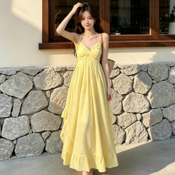 2026 Summer Beautiful Seaside Vacation Suspender Dress Neck Collar Yellow Loose Lazy Style Dress Tide