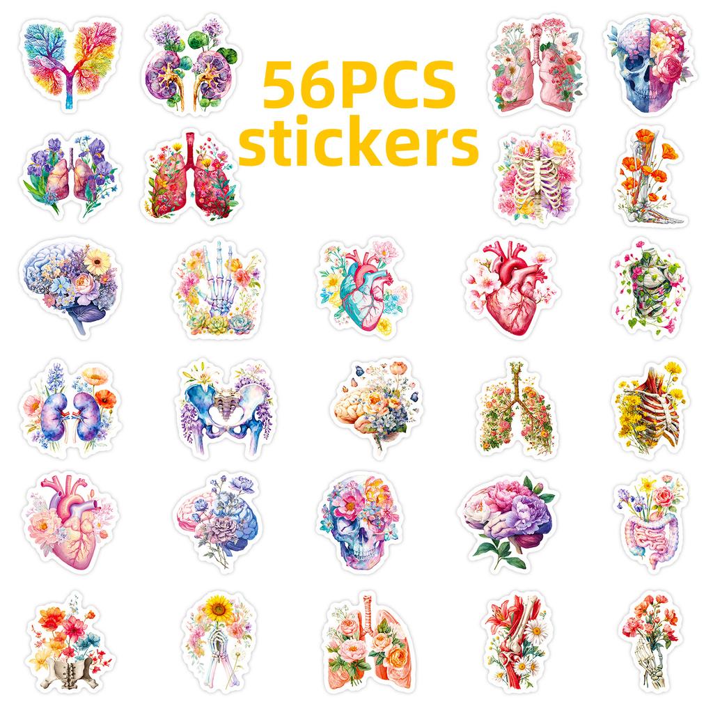 56 Anatomical Aesthetics Flower Stickers Human Organs Skull Floral Combination Art Handbook Decorative Materials