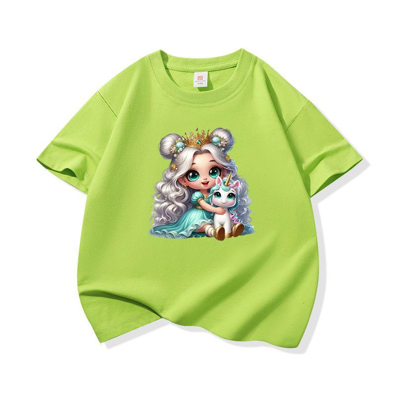 Kids Cotton T Shirt Crowned Princess Girl Hugging Unicorn Print Crew Neck Short Sleeve Tee Casual Boys Girls Summer Tops 100