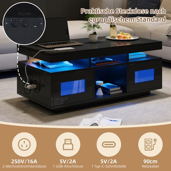 100x50x43cm Schwarzer Hochglanz-Couchtisch, mit steuerbaren LED-Leuchten, Mobile App, Wohnzimmertisch mit Schrank, Sofatisch mit Ladeanschluss und