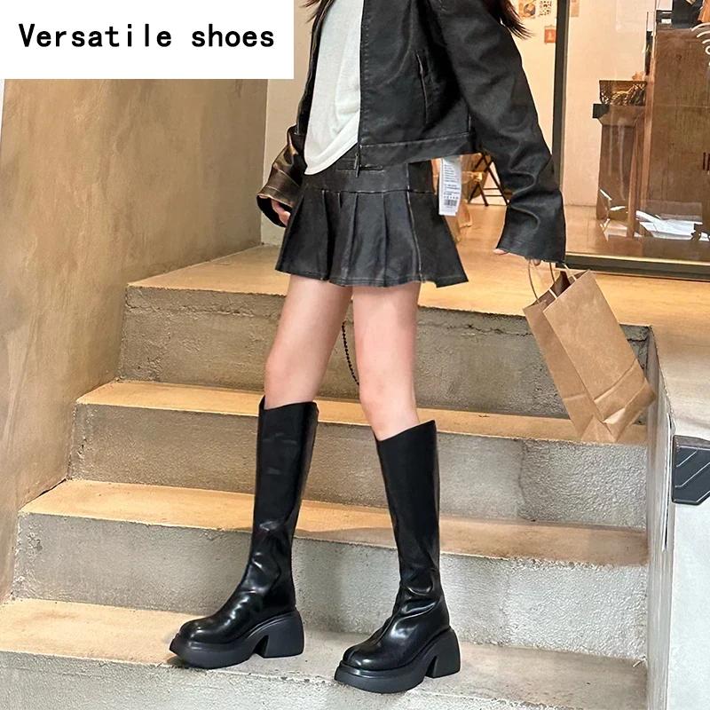 Winter Soft Leather Women Knee High Boots Fashion Knight Long Booties Designer Platform Square Heels Botas De Mujer