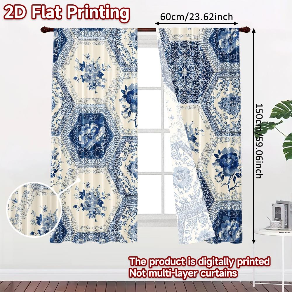 2pcs   2D FLAT PRINTING Curtains (Without Rod) Blue Hexa Pattern Modern Fashionable Curtainments Machine Washable Fabric Curtains