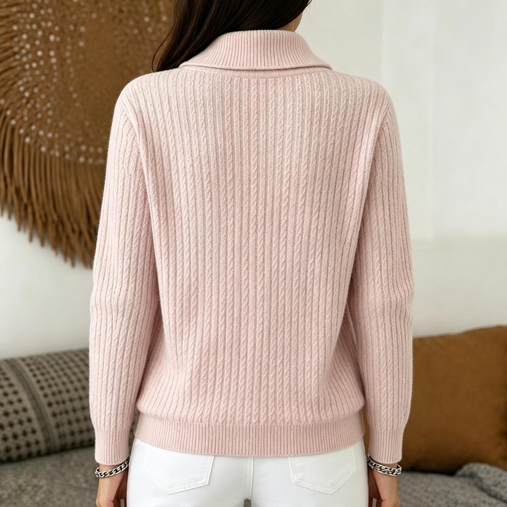 Women's Color Knit Button Sweater with Cable Knit Collar for Casual Wear