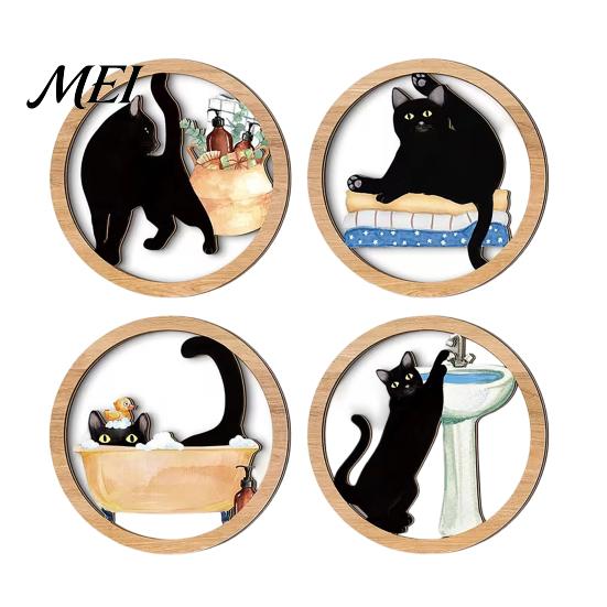 Durable Wooden Wall Hanging 4 Pcs Minimalist Black Cat Art, Geometric Round Circle Natural Wood Decor Decor, Abstract Sign for Living Room,