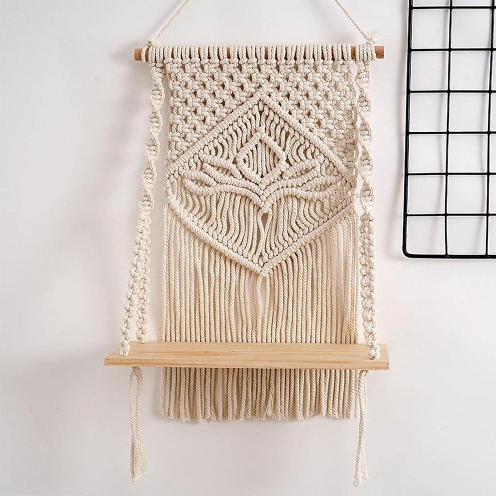 Decazone Macrame Indoor Wall Hanging Shelf Chic Decor Wood Floating Boho Shelves with Wooden Dowel Hand Woven Bohemian Decor