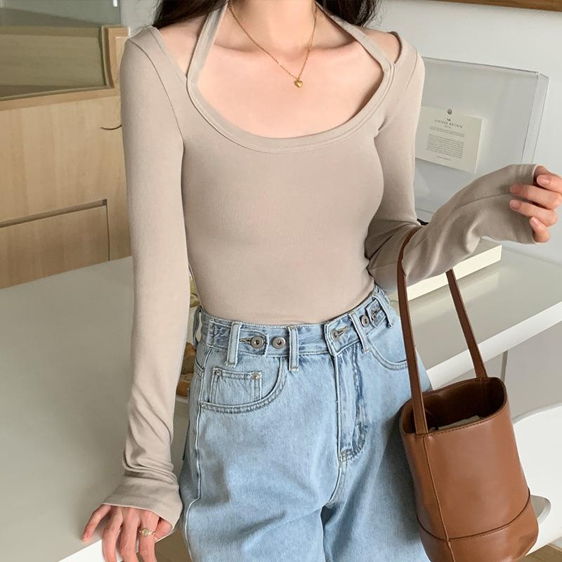 Black Long-sleeved T-shirt for Women, Spring Inner Layering Shirt, Niche Design, Halter Neck, Clavicle Slimming, Short Top