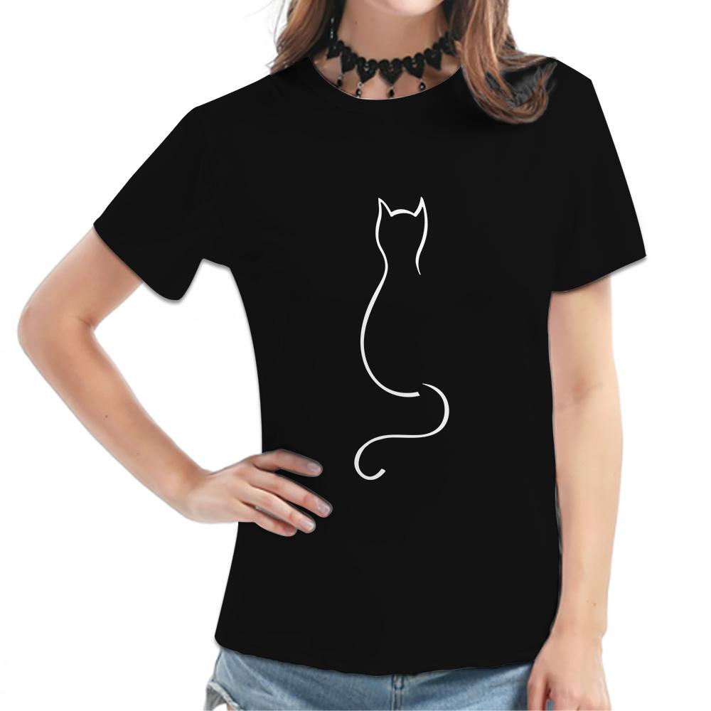 Damen T-Shirt - Minimalistische Katzenlinien-Grafik, Niedliche Lässige Alltagskleidung