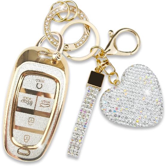 Fit for Hyundai Key Fob Cover with Diamond Keychain, Compatible with Hyundai - Sonata Santa fe Tucson Smart Key Protector for Women (5 Buttons, Pink) золотой