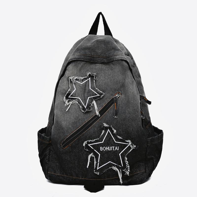 

2026 Retro Gradient Star Wash Denim School Backpack - Large Capacity for Students 29x13x41cm чорний