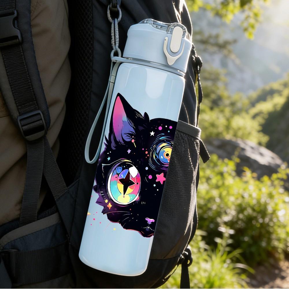 1PC Big Eyed Black Mystic Cat 750ml Color Plastic Sports Water Bottle Leakproof Flip Straw Lid Suitable for Sports Office Home Use