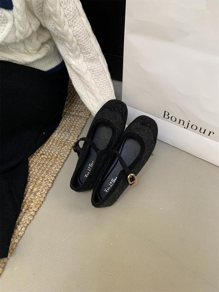 South Korea Dongdaemun Woolen Material Autumn Flat Bottom Square Head Mary Jane Women's Shoes with Skirt 2026 New One-word Strap Single Shoes