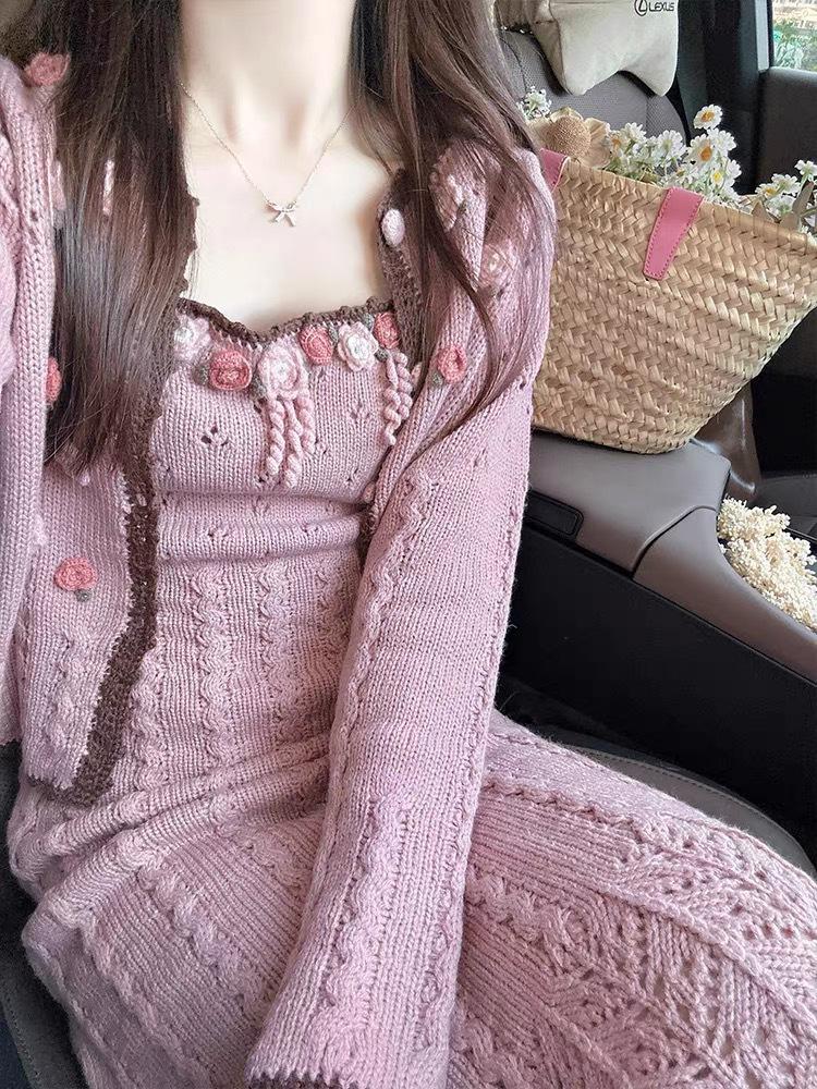 "2024 French Style Floral Knit Dress & Slim Cardigan Set for Women - Spring/Autumn"