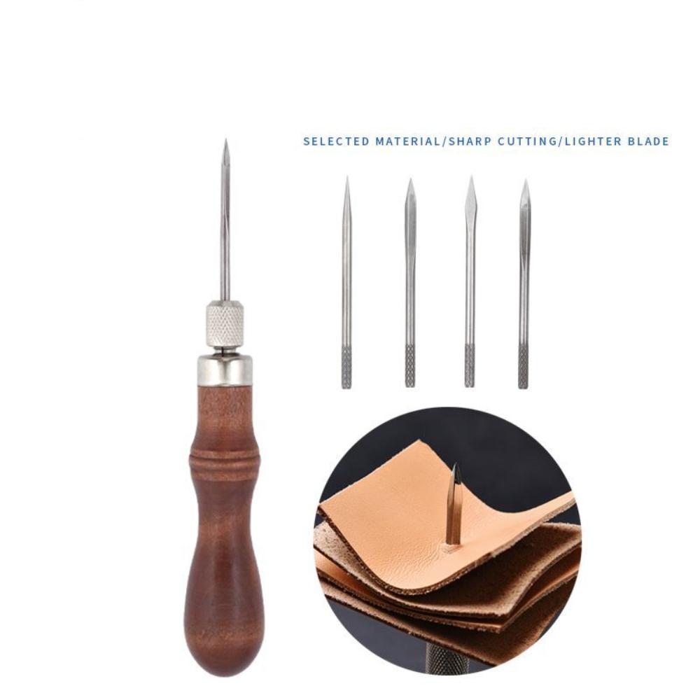 4 in 1 DIY Wood Handle Leather Stitching Awl for Leather Sewing Scratch Awl Tools Canvas Leathercraft Sewing Needle Kit