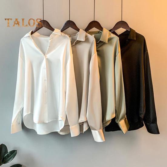 Dámská košile s klopou, dlouhým rukávem, jednoradovým zapínáním, topy, jednobarevná, hladký satén, volný střih, ležérní košile